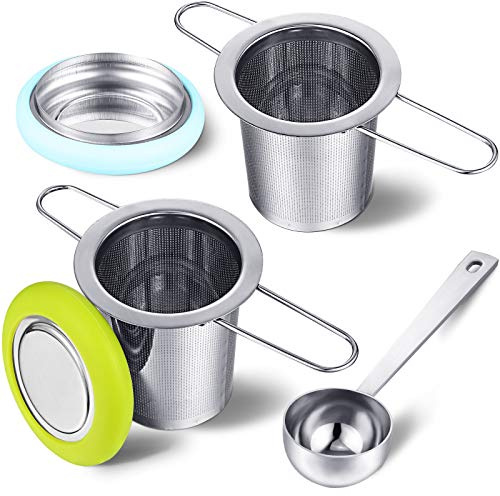 2 Pieces Tea Infusers Stainless Steel Strainer Folding Handle Filter Extra Filter Fine Mesh Strainer Brewing Basket with Lid for Loose Leaf Tea