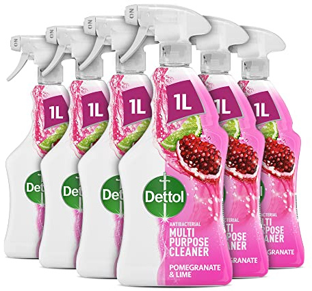 Dettol Antibacterial Disinfectant Spray, Pomegranate And Lime, 6-Pack (6X1L), Total 6L, Kills 99.99% Of Germs, Kitchen Household Cleaner, First Aid Box Essential
