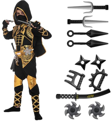 Spooktacular Creations Golden Ninja Deluxe Dräktset med Ninja-skumtillbehör barnleksaker kung fu klänningar idéer för halloween (medium)
