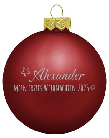 Deitert Weihnachtskugel mit Wunschtext Gravur, Ø 8cm, personalisierte Christbaumkugel aus Glas (matt), Individueller Weihnachtsbaumschmuck Namen oder Spruch, Mein erstes Weihnachten, Rot