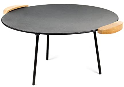 Wiltec Piastra per barbecue fuoco in ghisa, liscia, rotonda Ø44cm altezza 44 cm manici in legno piedi 20 e 32cm