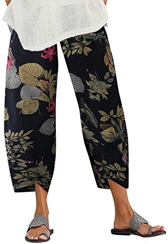 ZANZEA Women's Casual Harem Trousers Summer Boho Retro Print Cotton Cropped Pants Loose Fit Hippie Elasticated Waist with Pockets Lounge Yoga Pants Beach TrousersBeta Navy BlueL