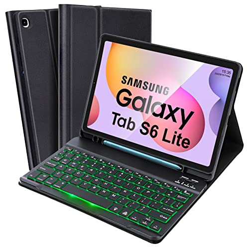 SOPPY Backlit Keyboard Case for Samsung Tab S6 Lite 10.4 inch 2024/2022/2020, 7-Color Backlight, Built-in S Pen Holder, Slim Cover with Detachable Keyboard for Samsung Tab S6 Lite 10.4, Black
