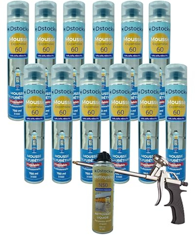 DSTOCK60 - Lot de 12 mousses expansives pistolables 750 ml + 1 Nettoyant Mousse + 1 pistolet - Mousse polyuréthane professionnelle - Isole, colle et rebouche - Extérieur et intérieur