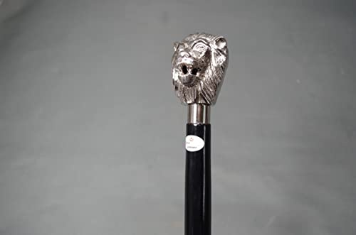 Eleganter Holz Gehstock Spazierstock silberner Metallgriff schwarzer Schuss Fritzgriff Löwe