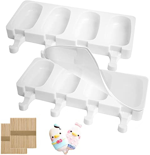 2 Packs Ice Lolly Moulds, Silicone Popsicle Mould, Ice Lolly & Ice Cream Moulds, Non-Stick Cakesicle Moulds with 100 Wooden Sticks & 2 Lids for DIY Ice Cream (White)