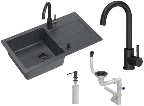 VBChome Spülbecken mit Armatur 77 x 44 cm Schwarz Granit Einbauspüle Abtroffläche Gesprenkelt Verbundspüle Küchenarmatur + Siphon + Spülmittelspender