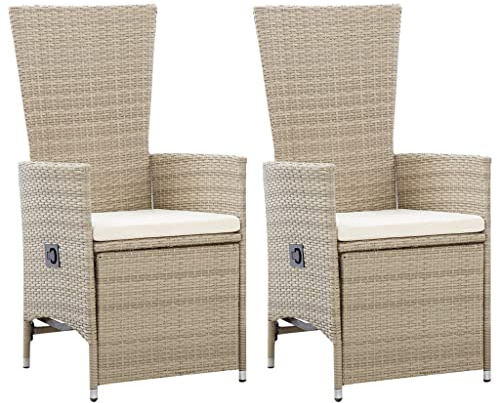 KOIECETA 2X Gartenstuhl mit Auflagen Relaxstuhl Sessel Sonnenliege Stuhl Hochlehner Gartenmöbel Rattansessel Poly Rattan (Verstellbare Rückenlehne und Fußstütze, Beige), (V4604)