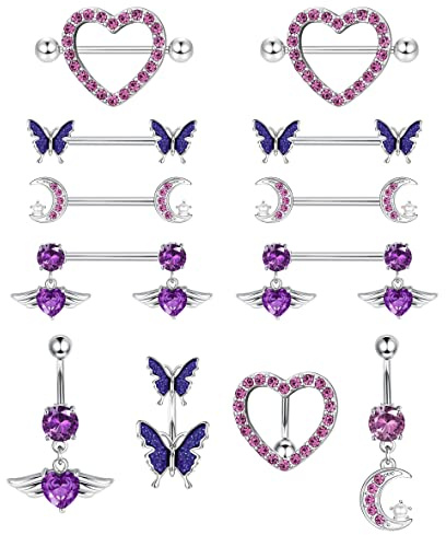 Kakonia 4Paar Nippelpiercing und 4Stk Bauchnabelpiercing Set for Damen Frauen 316L Edelstahl Blume Schmetterling Mond Herz Langhantel Nippelringe Fashion Körperschmuck