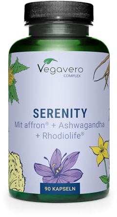Serenity - Stimmungsbooster Vegavero | Ashwagandha, Johanniskraut, Safran, Hericium, L-Tryptophan + B Vitamine | Für Nerven & Psyche* | Ohne Zusatzstoffe | Deutsche Produktion | 90 Kapseln
