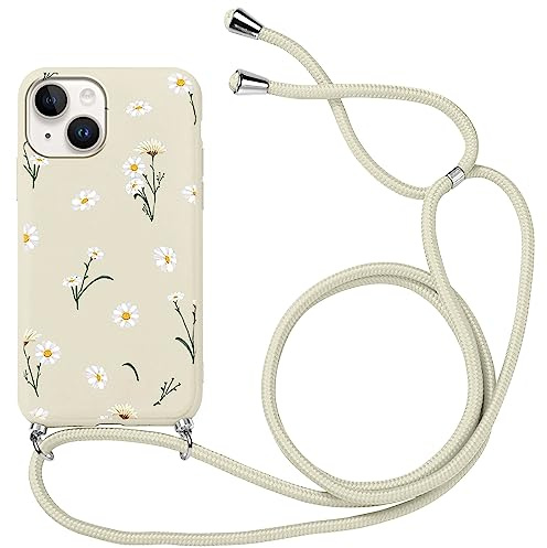 Yoedge Handykette Handyhülle für iPhone 14/iPhone 13 6,1 Hülle mit Band zum Umhängen Einstellbar Kordel Aesthetic Case mit Blumen Muster, Weich TPU Silikon Stoßfest Schutzhülle Cover, Weiß