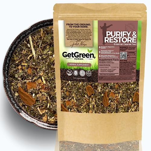 Gut Clean and Restore (Internal Cleanse) Loose Leaf Tea w/ Wormwood, Cloves, Ginger | Organic Herbal Tea | 2 oz (57 gram) | Decaf, Vegan, Healthy, ZERO Caffeine, Organic, Herbs, No Natural or Artificial Flavors, Resealable Bag | Purify and Restore by Get Green, Human