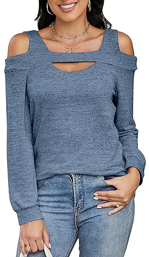 Heersan Camiseta Mujer Manga Larga Camisa Hombros Descubiertos Pullover Túnica Escote Cuadrado Top de Punto Otoño Nueva Llega