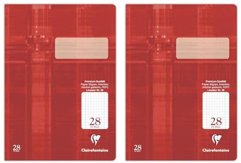 Clairefontaine 331028C - Heft ideal für die Schule, DIN A4, 16 Blatt, 90g, Lineatur 28 durchgehend kariert 5x5mm mit Rand, Rot, 1 Stück (Packung mit 2)