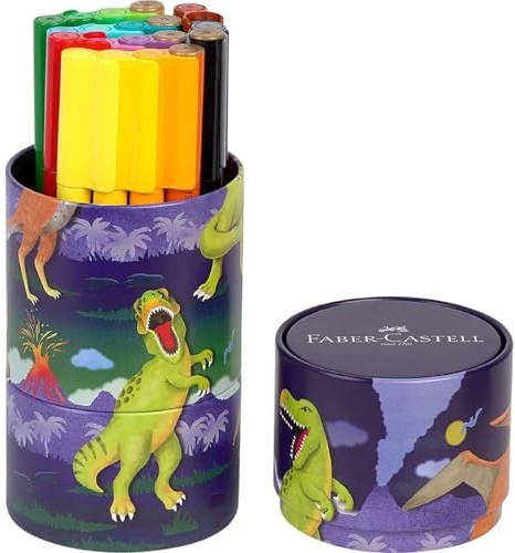 Faber-Castell 155546 - Set de feutres Connector Dino, boîte métallique de 20, lavable, set de peinture pour enfants