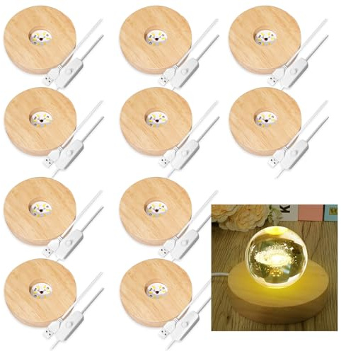 Olutacot 10 Pcs Wooden LED Display Bases Round Wood Display Lighted Bases for Glass Art LED Lighted Display Stand Bases for 3D Crystal Ball Room Office Home Decor