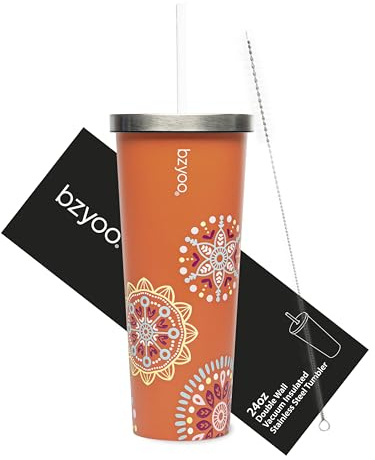 Bzyoo SUP Isolierbecher aus Edelstahl, doppelwandig, mit Strohhalm und Deckel, Reisebecher für Eiskaffee oder Tee, 710 ml, Orange