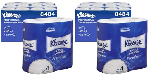 Kleenex Premium Toilettenpapier Rolle 8484, WC-Papier 24 Rollen x 160 wattierte Blätter, Klopapier 4-lagig, 100% reine Faser, hochwertig, reißfest und weich (Packung mit 2)