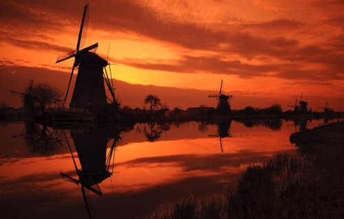 GUOHLOZ Puzzle 1500 Teile,als herausforderndes Puzzle für Erwachsene und Kinder ab 6 Jahren, Mühlen, Kinderdijk Sonnenuntergang, Niederlande, Windmühlen, 87x57cm