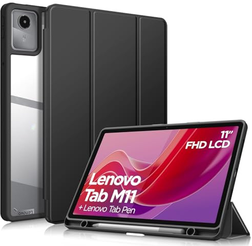 Fintie Hybrid Hülle mit Stifthalter für Lenovo Tab M11 (TB330) 11 Zoll 2024 | Stoßfeste Schutzhülle mit transparenter Hartschale auf der Rückseite, Nicht für Lenovo Tab P11 11 Zoll, Schwarz
