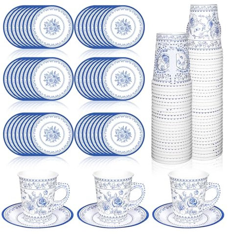 Whaline 80Pcs Blue White Floral Paper Tea Cups and Saucers Porcelain Chinoiserie Flower 9oz Disposable Teacups with Handle Dessert Plates for Wedding Baby Shower Birthday Spring Tea Party, Serves 40