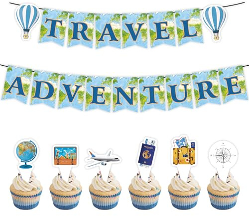 Bon Voyage Party Decoration,World Map Tavel Adventure Hanging Banner Travel Themed Cupcake Toppers Photo Booth Props for Travel Graduation Birthday Retirement Farewell Baby Shower Party Decoration