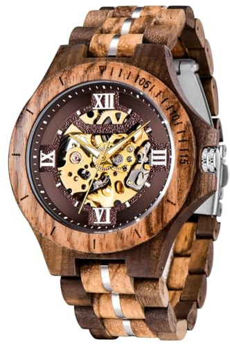 Dentily Men's Wooden Watch Triangle Skeleton Automatic Watch Mechanical Wood Watches for Men