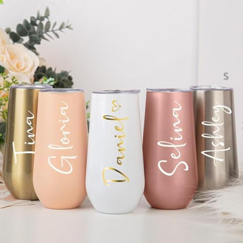 Personalized Champagne Flutes,Bridesmaid Gift,Stemless 6oz Champagne Flutes,Personalized Wine Tumbler,Custom Wine Cup,Bride Stainless Steel Champagne Glasses,Wedding Birthday Gift (10pcs)