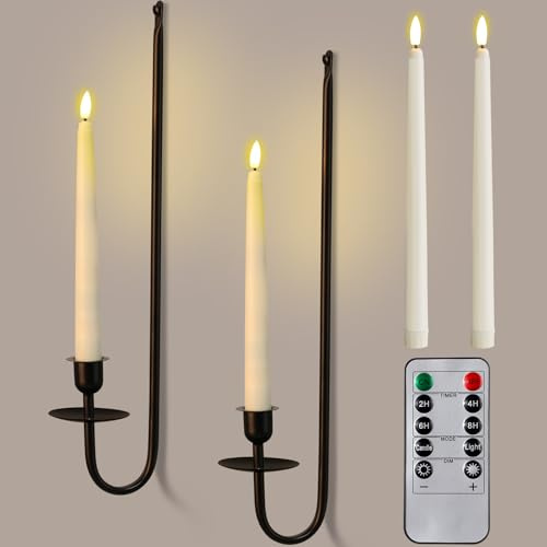 Tessco for you Metal Wall Mount Candle Sconces with 9.6 LED Flameless Taper Candles and Remote Timer 16.5 Wall Hanging Sconces Set for Living Room Fireplace Hallway Stairway(Black,2 Set)