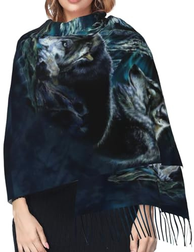 Hceaatb Damen-Schal, Wolf, Wasser, Mond, Mode, Winter, warm, Kaschmirschal, Fransenschal, Schwarz , Einheitsgröße