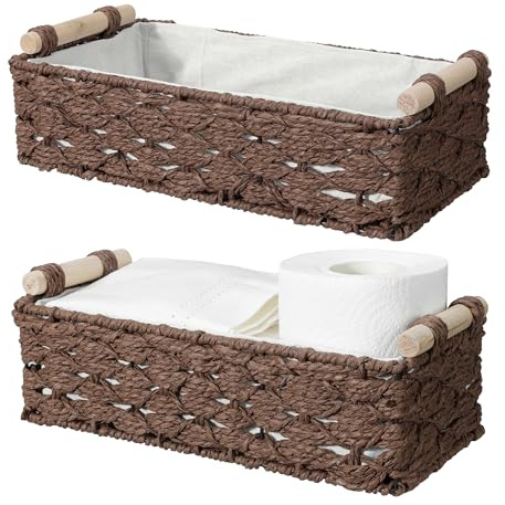 Navaris Cesta Mimbre Almacenaje - 2x Cestas de Mimbre de Cuerda Papel Natural - 2x Cesta Rectangular con Asas Madera y Cubierta de Lino Algodón - Para Baño Tocador Lavandería