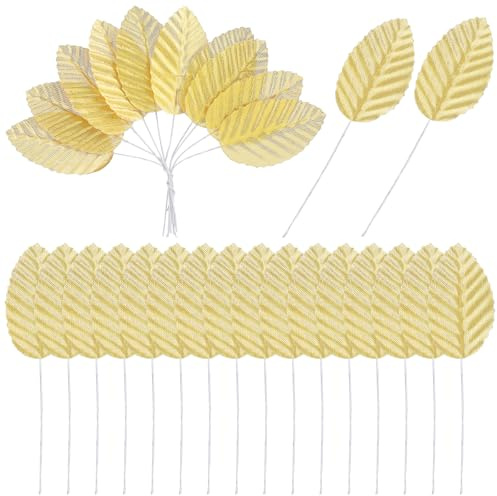 oruola 200 Pcs Gold Leaves, Artificial Silk Leave,Artificial Gold Leaves for Decoration with Stems Crafts Fake Faux Wired Single Leaf for DIY Crafts Floral Arrangements Home Kitchen Wedding