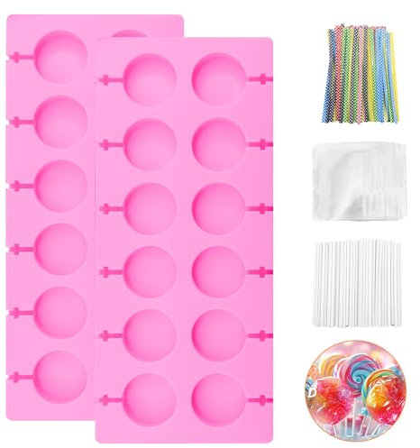 2 Pack Silicone Lollipop Molds,12 Cavities Lollipop Moulds with 100 Lollipop Sticks,100 Twist Ties,100 Bags,Baking Lollipop Mold for Making Jelly,Chocolate,Lollipops,Ice Cube