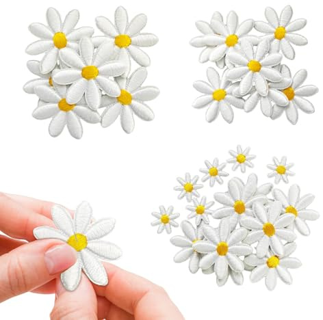 Calkkrer 40 Stück Gänseblümchen Aufnäher Zum Aufbügeln, Patches In Verschiedenen Größen Für Kleidung, Polyester Applikationen Zum Nähen Oder Aufbügeln Für DIY Projekte