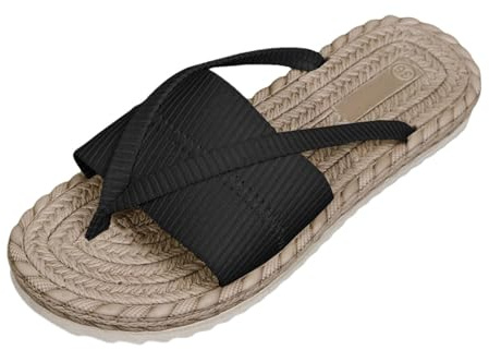 Generisk flip flops damer halm slip-on tåsandaler espadrill sandaletter peep-tå sandaler med tåseparator platta tofflor enfärgade tofflor halkfria pantoletter ihåliga damsandaler storlek 36–43, svart