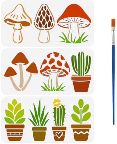 FINGERINSPIRE 3 Pcs Potted Plants Painting Stencil with Brush 30x15cm Flowers Mushrooms Cactus Succulent Pattern Drawing Template Plants Theme DIY Stencil for Painting on Wood Wall Fabric Furniture