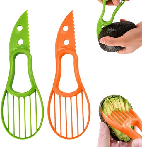 Herramienta ligera para cortar aguacate, herramienta cortadora de aguacate 3 en 1, paquete de 2 (naranja + verde)