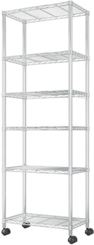 LEADZM Lagereinheit mit 5 Regalböden, auf Rollen, mit höhenverstellbaren Einlegeböden und Nivellierfüßen, mit seitlichen Haken, 60 x 35 x 185 cm Silber (Silber, 6 stöckiges)