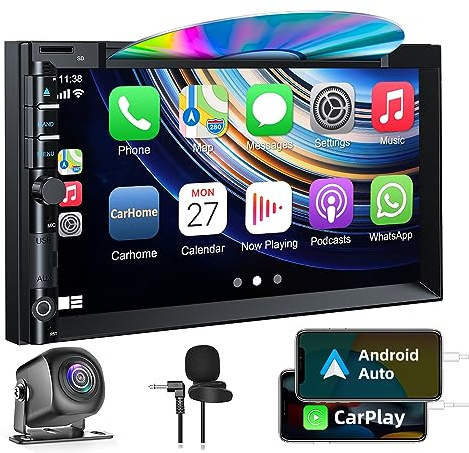 Double Din Car Stereo with CD DVD, Backup Camera Supports CarPlay/Android Auto, 7 inch Touchscreen Car Radio Bluetooth 5.2, AM/FM Radio Receiver Head Unit with Mirror Link, SWC, Subwoofer, USB/TF/AUX
