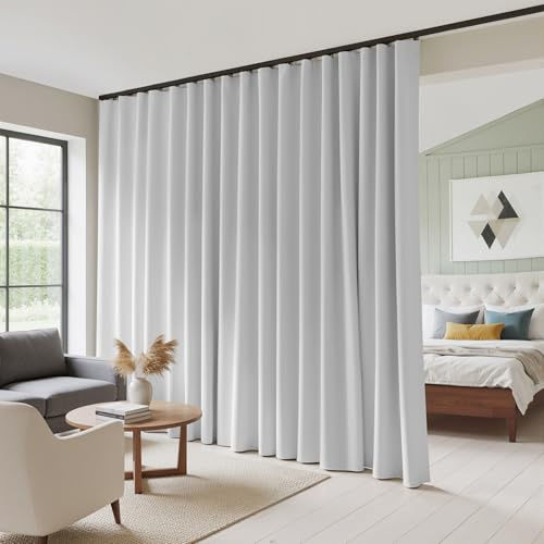 RYB HOME 100%Blackout Sliding Door Curtain, Back Tab&Rod Pocket Extra Wide Room Divider Curtain with Hooks for Ceiling, Thick Bedroom Drape Thermal Insulated& Privacy Assurd, W100xL84, White, 1 Panel
