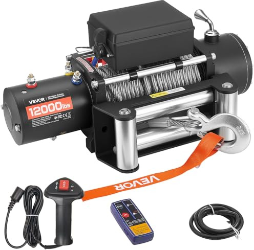 VEVOR Cabrestante Eléctrico, Fuerza Tracción Nominal 5400 kg, 12 V CC, Cable de Acero 24 m, Control Remoto Inalámbrico, IP55, para Remolcar SUV, Jeep, Remolques, Barcos y SUV, 534 x 160 x 215 mm