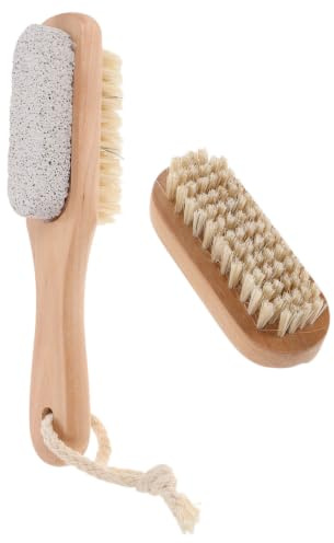 LRXIYODE Brosse De Bain En Bois Avec Pierre Ponçe Naturelle Brosse À Ongles Double Face Manche Bois Pour Nettoyage Des Mains Et Pieds Exfoliation Gommage Naturel Spa Douche