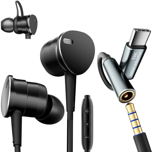 Multifunktionella in-ear kabelanslutna hörlurar djup bas – tydliga brusreducerande samtal, sportläge, trådbundna öronsnäckor med mikrofon brusreducering kompatibel med iPhone 17 16 15, Android