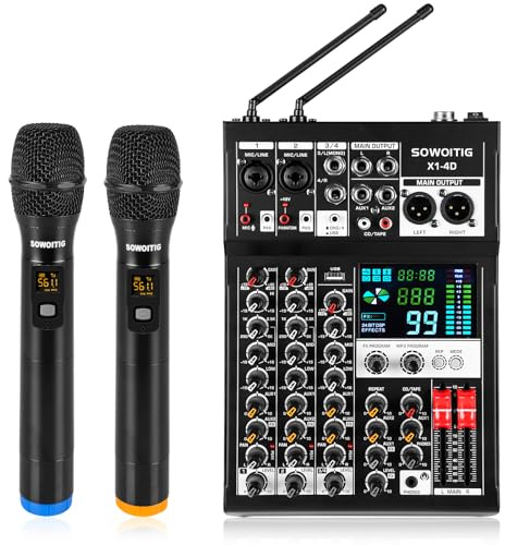 Mezclador de audio de 4 canales con micrófonos inalámbricos duales, tablero de mezcla de sonido profesional, consola de DJ con 99DSP MP3 Bluetooth 48V Phantom Power PAD interfaz USB para grabar