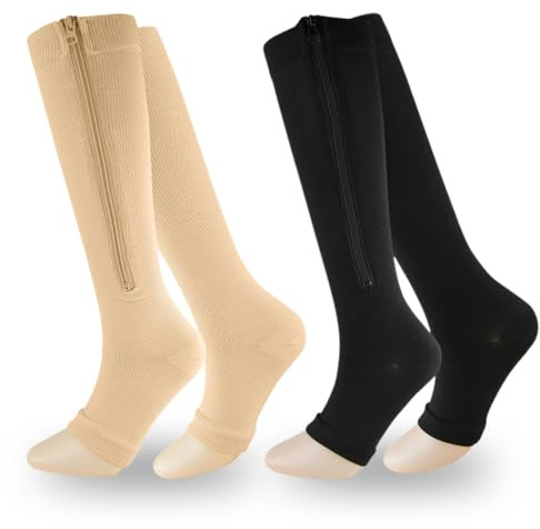XFSRG Lot de 2 Paires de Chaussettes de Compression avec Fermeture Éclair 15–20 mmHg Bas de Contention pour Femme et Homme Compression Sportive pour Les Mollets Course Marathon et Cyclisme (S/M)