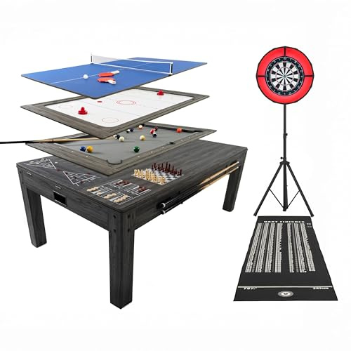 7 in 1 Spieltisch und Esstisch Grau Dartboard Set LED Ringlicht Selbstheilender Surround Ständer Billardtisch Tischtennis Airhockey Schach Shuffleboard Komplettes Zubehör für die ganze Familie