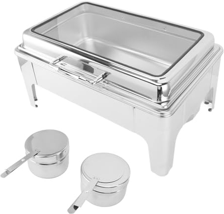 Scaldavivande Set da Buffet in Acciaio Inossidabile Rettangolare Scaldavivande per Catering Riscaldato ad Alcool con Vaschetta e Coperchio Visibile per Buffet per Feste, Eventi, (1 Compartment)