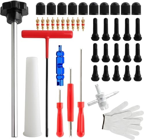 Ceriselle Ventilausdreher, 45 Piezas Herramienta para válvulas de neumáticos y Juego de Llaves para válvulas, Herramienta de desmonte de núcleo de válvula de 4 vías para Coche y Bicicleta, para
