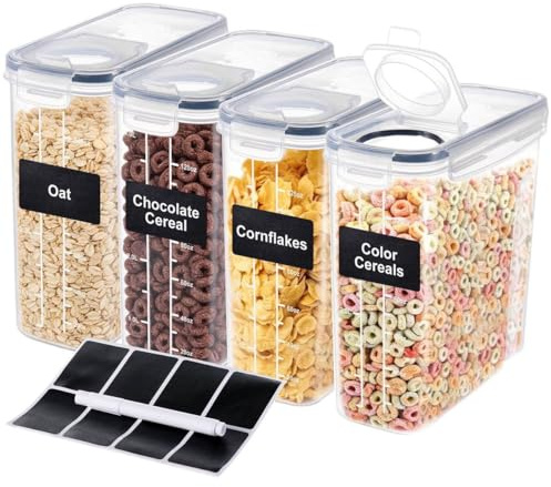 Vencier Airtight Cereal Storage Containers Set of 4 – Large 4L Plastic Food Dispensers for Pantry Organisation – BPA-Free Kitchen Canisters with Silicone Seals – Includes Chalkboard Labels and Pen