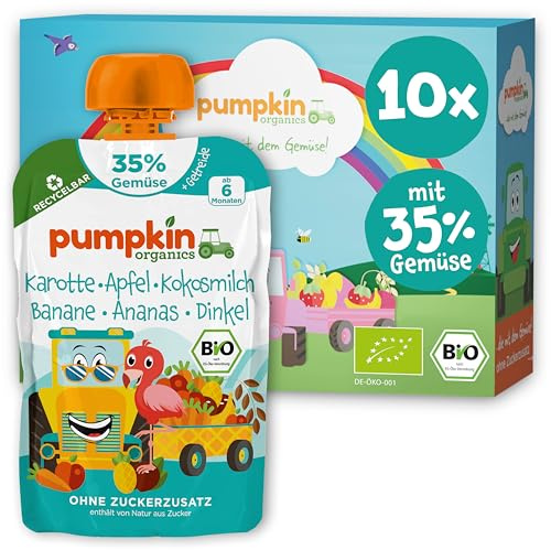 Pumpkin Organics Bio Gemüse-Quetschie mit Dinkel ohne Zuckerzusatz¹ 10x100g | Bio Gemüse-Getreide-Quetschie mit Flamingo, 35% Gemüse, weniger Fruchtzucker, ab 6 Mo; idealer Beikost- bis Schulsnack